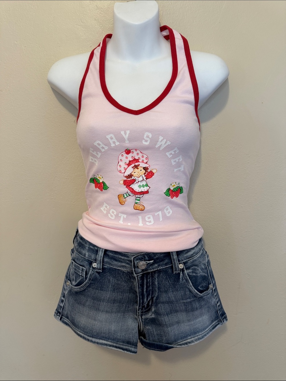 Pink Strawberry Graphic Tank Top with Red Trim
